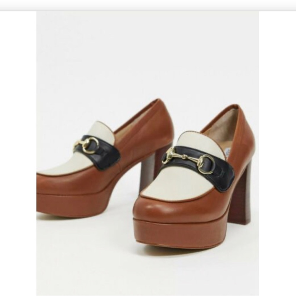 Steve Madden Cinderella Platform Mule cognac white / black straps size 10